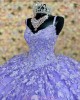 Spaghetti Strap Lilac Quinceanera Dresses Sleeveless V Neck 15 Dress With Lace Appliques