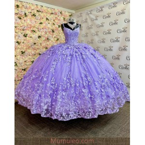 Spaghetti Strap Lilac Quinceanera Dresses Sleeveless V Neck 15 Dress With Lace Appliques