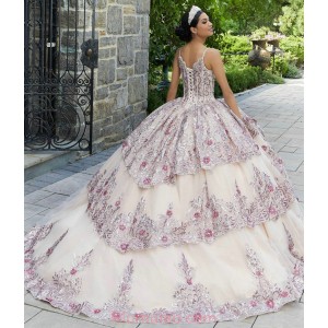 Spaghetti Strap Rose Gold Quinceanera Dress V Neck Metallic Sequin 15 Dresses With 3D Flowers