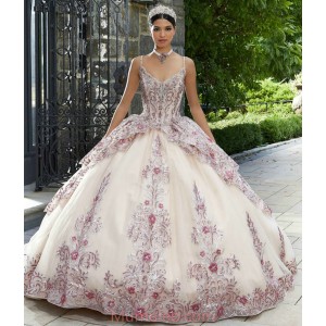 Spaghetti Strap Rose Gold Quinceanera Dress V Neck Metallic Sequin 15 Dresses With 3D Flowers