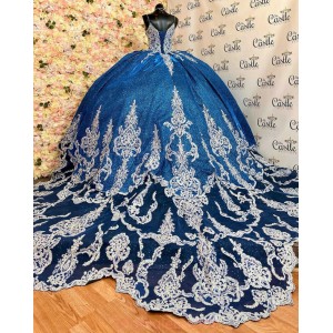 Spaghetti Strap Royal Blue Quinceanera Dresses Lace Appliques V Neck 15 Dress