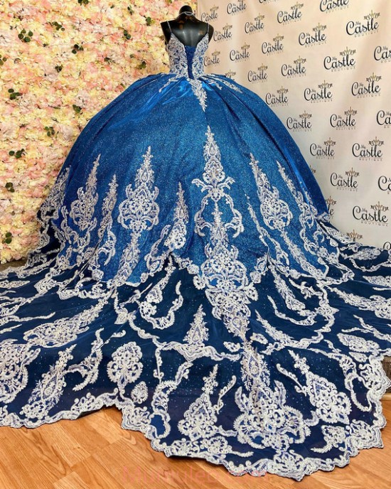 Spaghetti Strap Royal Blue Quinceanera Dresses Lace Appliques V Neck 15 Dress