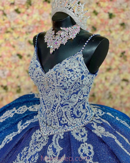 Spaghetti Strap Royal Blue Quinceanera Dresses Lace Appliques V Neck 15 Dress