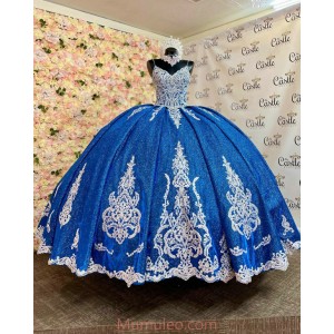 Spaghetti Strap Royal Blue Quinceanera Dresses Lace Appliques V Neck 15 Dress