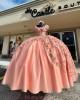 Square Collar Rose Gold Quinceanera Dresses Crystal Sequin 15 Dress With 3D Flowers