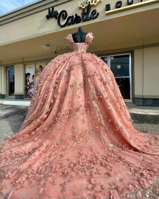 Square Collar Rose Gold Quinceanera Dresses Crystal Sequin 15 Dress With 3D Flowers