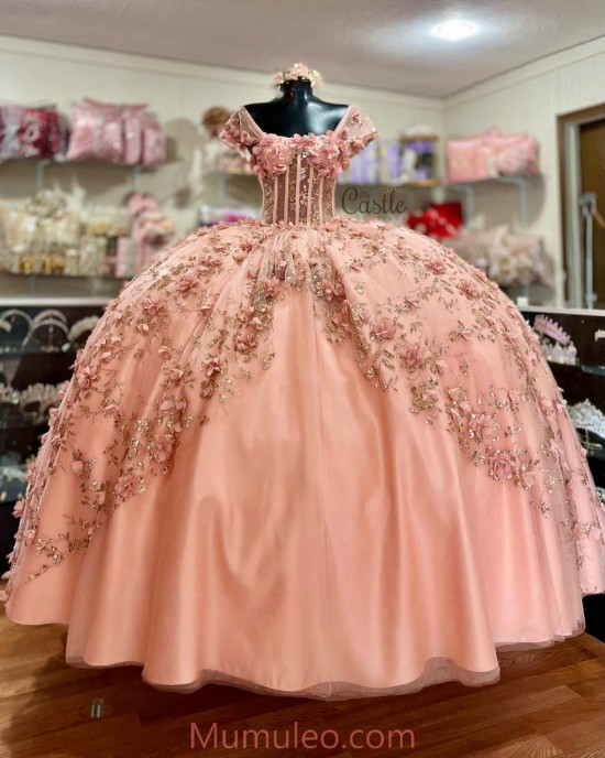 Square Collar Rose Gold Quinceanera Dresses Crystal Sequin 15 Dress With 3D Flowers