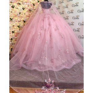 Strapless Pink Quinceanera Dresses Crystal Sequin V Neck 15 Dress With 3D Flowers