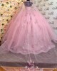 Strapless Pink Quinceanera Dresses Crystal Sequin V Neck 15 Dress With 3D Flowers