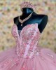 Strapless Pink Quinceanera Dresses Crystal Sequin V Neck 15 Dress With 3D Flowers