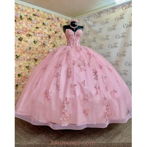 Strapless Pink Quinceanera Dresses Crystal Sequin V Neck 15 Dress With 3D Flowers