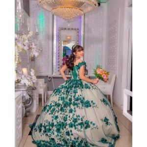 Sweetheart Neck Green On Nude Quinceanera Dress Off Shoulder 15 Dresses With 3D Flowers