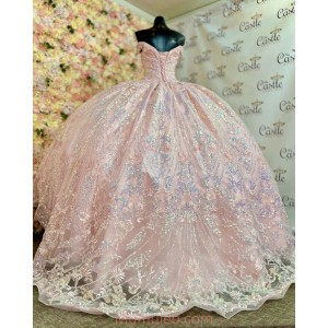 Sweetheart Neck Rose Gold Quinceanera Dresses Metallic Sequin Off Shoulder 15 Dress