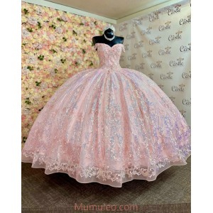 Sweetheart Neck Rose Gold Quinceanera Dresses Metallic Sequin Off Shoulder 15 Dress