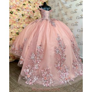 Sweetheart Neck Rose Gold Quinceanera Dresses Off Shoulder 15 Dress With 3D Flowers