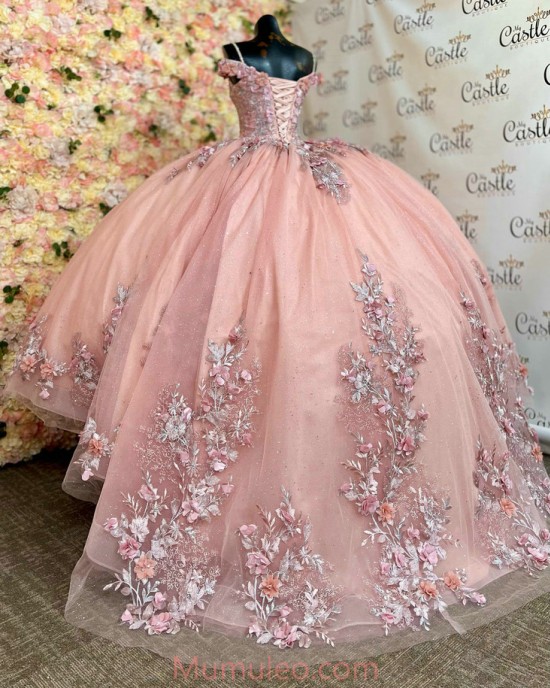 Sweetheart Neck Rose Gold Quinceanera Dresses Off Shoulder 15 Dress With 3D Flowers