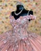 Sweetheart Neck Rose Gold Quinceanera Dresses Off Shoulder 15 Dress With 3D Flowers