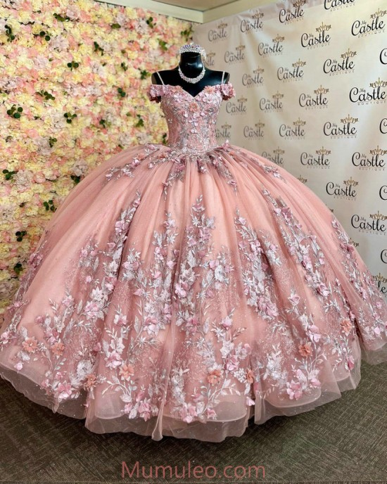 Sweetheart Neck Rose Gold Quinceanera Dresses Off Shoulder 15 Dress With 3D Flowers