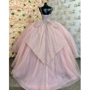 V Neck Pink Quinceanera Dresses Crystal Sequin Sleeveless 15 Dress With Bow