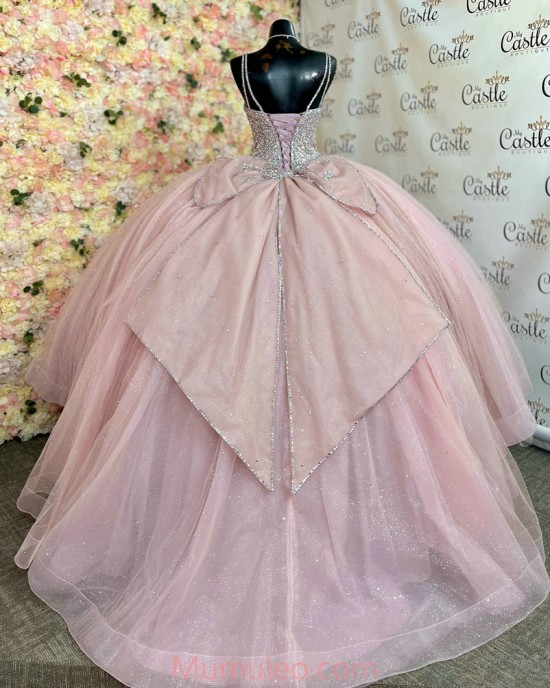 V Neck Pink Quinceanera Dresses Crystal Sequin Sleeveless 15 Dress With Bow