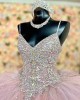 V Neck Pink Quinceanera Dresses Crystal Sequin Sleeveless 15 Dress With Bow