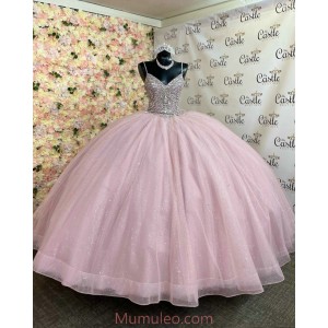 V Neck Pink Quinceanera Dresses Crystal Sequin Sleeveless 15 Dress With Bow