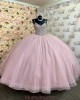 V Neck Pink Quinceanera Dresses Crystal Sequin Sleeveless 15 Dress With Bow