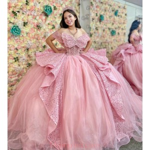 Butterfly Neck Pink Quinceanera Dresses Metallic Sequin Off Shoulder 15 Dress With Bow