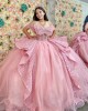 Butterfly Neck Pink Quinceanera Dresses Metallic Sequin Off Shoulder 15 Dress With Bow