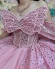 Butterfly Neck Pink Quinceanera Dresses Metallic Sequin Off Shoulder 15 Dress With Bow