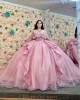 Butterfly Neck Pink Quinceanera Dresses Metallic Sequin Off Shoulder 15 Dress With Bow