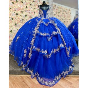 Cape Sleeve Blue Quinceanera Dresses Lace Appliques Sweetheart Neck 15 Dress