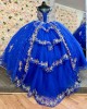 Cape Sleeve Blue Quinceanera Dresses Lace Appliques Sweetheart Neck 15 Dress