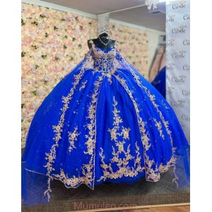 Cape Sleeve Blue Quinceanera Dresses Lace Appliques Sweetheart Neck 15 Dress