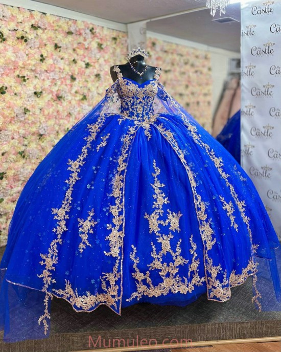 Cape Sleeve Blue Quinceanera Dresses Lace Appliques Sweetheart Neck 15 Dress