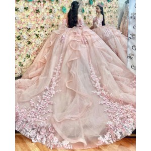 Cape Sleeve Pink Quinceanera Dresses Sweetheart Neck 15 Dress With 3D Flowers