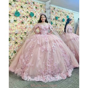 Cape Sleeve Pink Quinceanera Dresses Sweetheart Neck 15 Dress With 3D Flowers