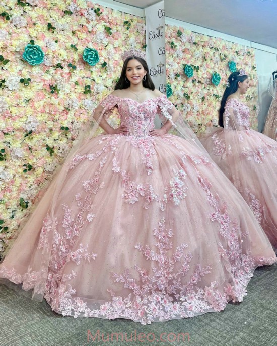 Cape Sleeve Pink Quinceanera Dresses Sweetheart Neck 15 Dress With 3D Flowers