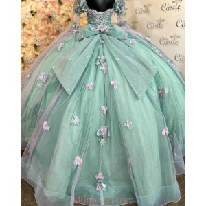 Long Sleeve Aqua Quince Dresses 3D Flowers Sweetheart Neck 15 Dress With Bow