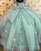 Long Sleeve Aqua Quince Dresses 3D Flowers Sweetheart Neck 15 Dress With Bow