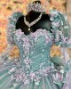 Long Sleeve Aqua Quince Dresses 3D Flowers Sweetheart Neck 15 Dress With Bow