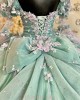 Long Sleeve Aqua Quince Dresses 3D Flowers Sweetheart Neck 15 Dress With Bow