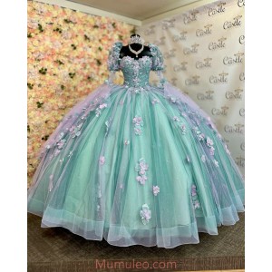 Long Sleeve Aqua Quince Dresses 3D Flowers Sweetheart Neck 15 Dress With Bow