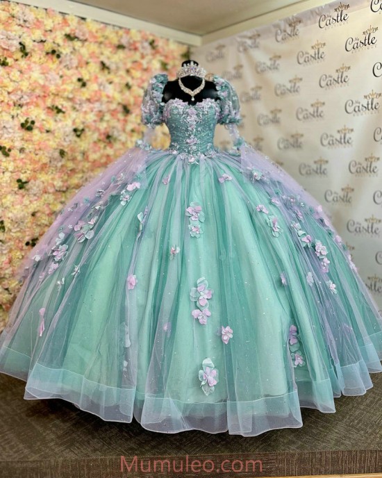 Long Sleeve Aqua Quince Dresses 3D Flowers Sweetheart Neck 15 Dress With Bow