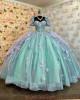 Long Sleeve Aqua Quince Dresses 3D Flowers Sweetheart Neck 15 Dress With Bow