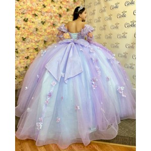 Long Sleeve Lilac Quince Dresses 3D Flowers Sweetheart Neck 15 Dress With Bow