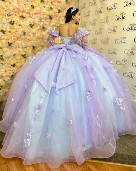 Long Sleeve Lilac Quince Dresses 3D Flowers Sweetheart Neck 15 Dress With Bow