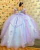 Long Sleeve Lilac Quince Dresses 3D Flowers Sweetheart Neck 15 Dress With Bow