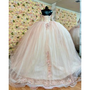 Long Sleeve Pink Quince Dresses Crystal Sequin Sweetheart Neck 15 Dress With 3D Flowers