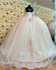 Long Sleeve Pink Quince Dresses Crystal Sequin Sweetheart Neck 15 Dress With 3D Flowers